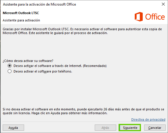 Figura: Cuadro de diálogo para activar Outlook 2024 (Microsoft Outlook LTSC)