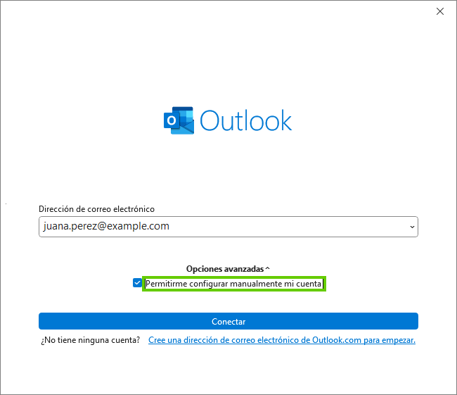 Figura: Cuadro de diálogo para añadir una cuenta en Outlook 2024
