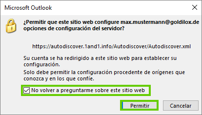 Figura: Cuadro de diálogo para autorizar la función de Autodiscover de la cuenta en Outlook 2024