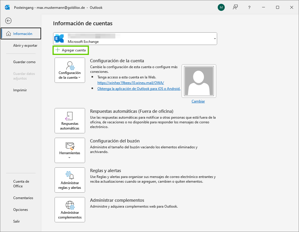 Figura: «Información de cuentas» en Outlook 2024