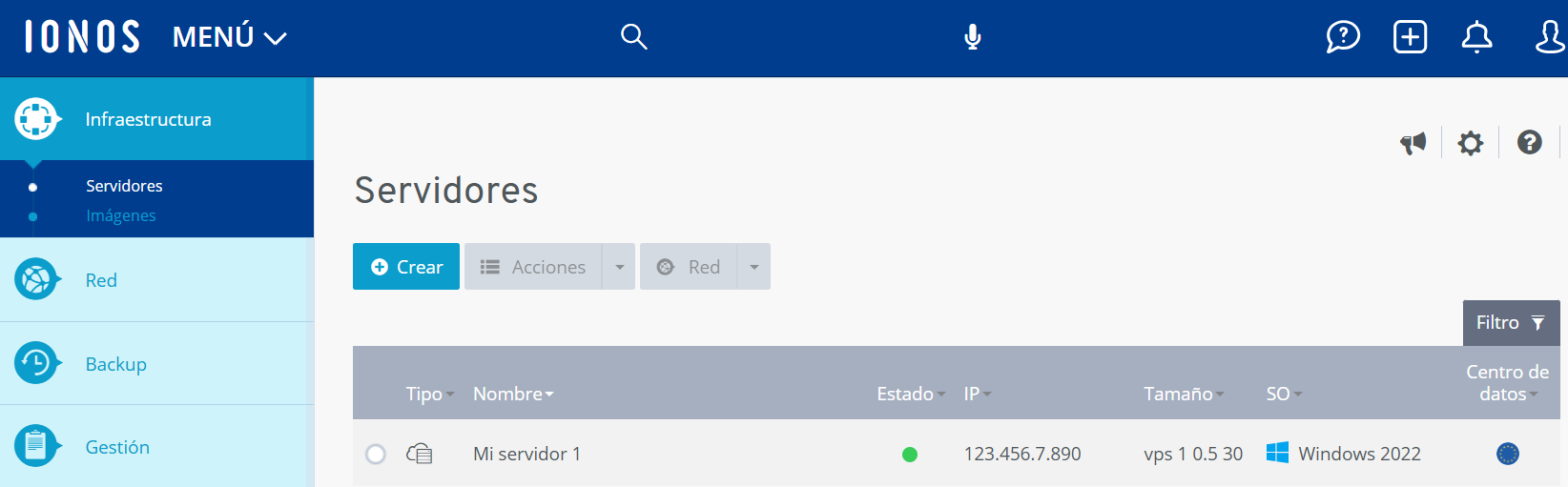 Figura: sección Servidores en Cloud Panel