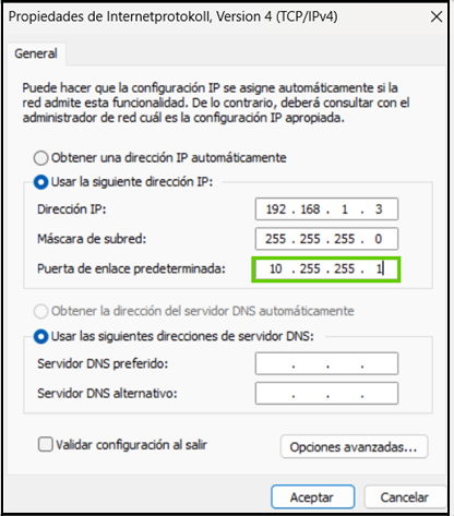 Figura: campo Puerta de enlace predeterminada en la ventana Propiedades de Protocolo de Internet Versión 4 (TCP/IPv4)