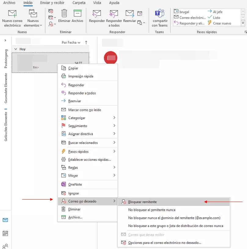 Menú de correo no deseado en Outlook