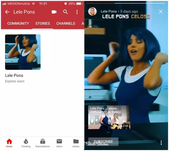 Aplicación móvil de YouTube: la vista de un vídeo publicado como historia