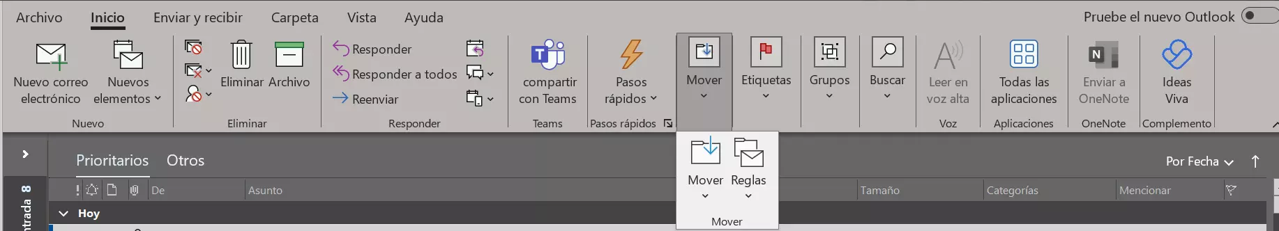 La barra de menús de Outlook 365 en Windows