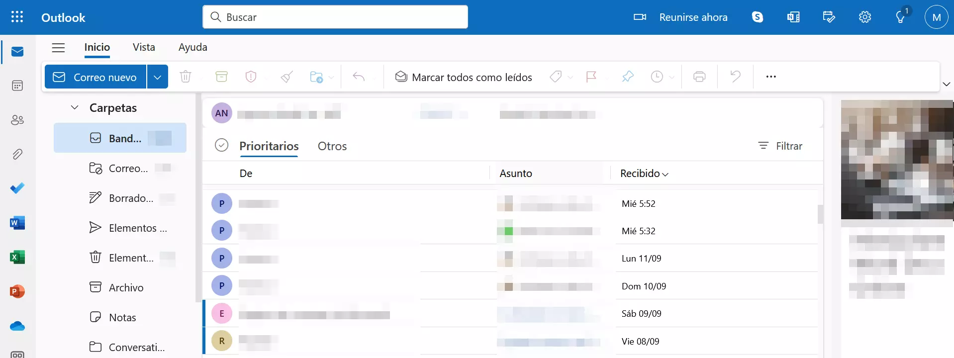 Interfaz de Outlook 365