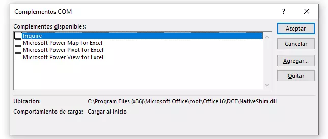Ventana que permite desactivar complementos COM en Excel