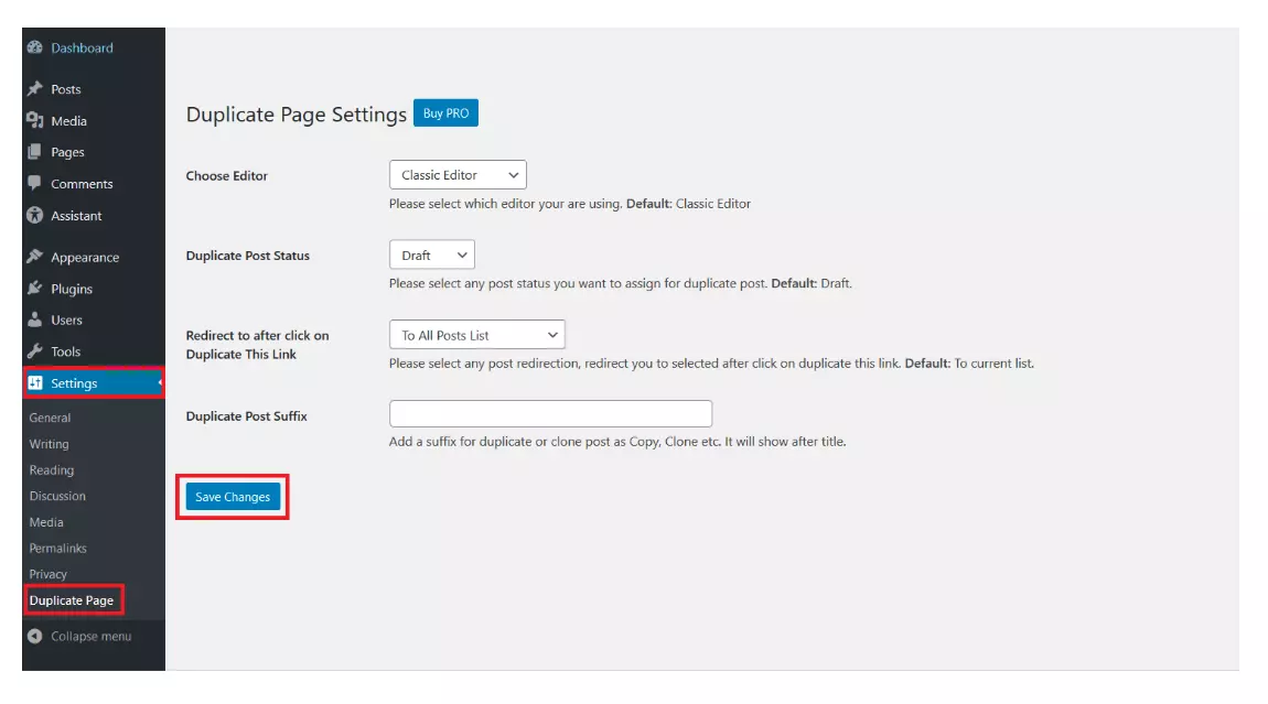 Opciones de configuración para Duplicate Page 