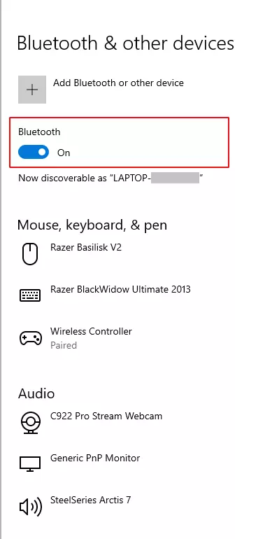 Captura de pantalla en el Administrador de dispositivos de la configuración de Bluetooth