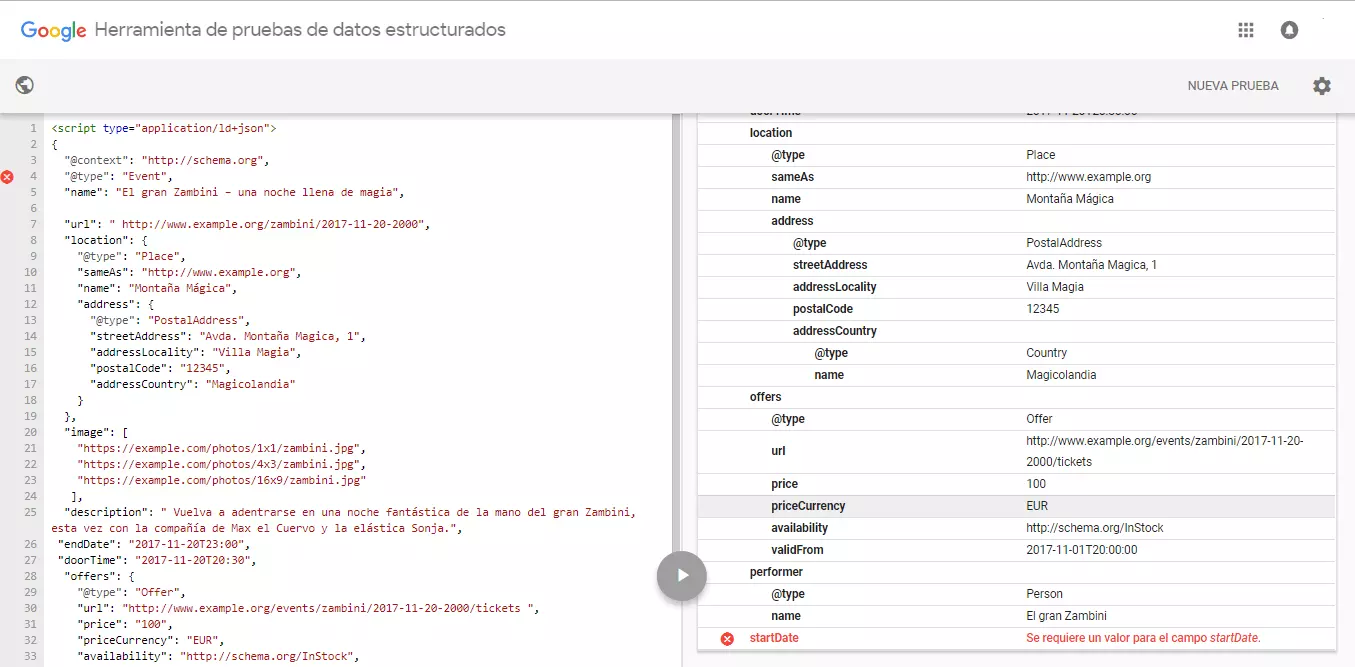 Google Structured Data Testing Tool tras la validación: se ha detectado un error