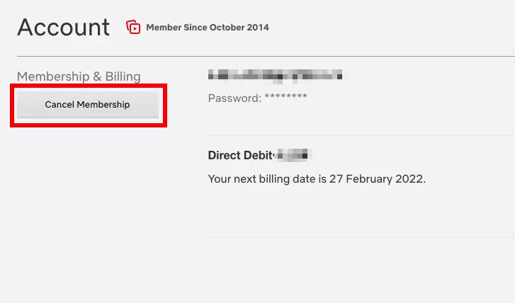 Captura de pantalla de la opción de “Cancelar suscripción” de la cuenta de Netflix