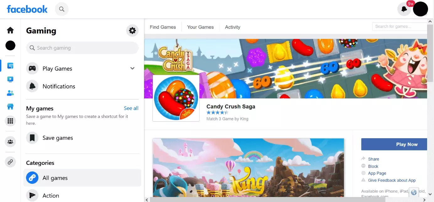 Captura de pantalla de la página de Facebook para Candy Crush Saga