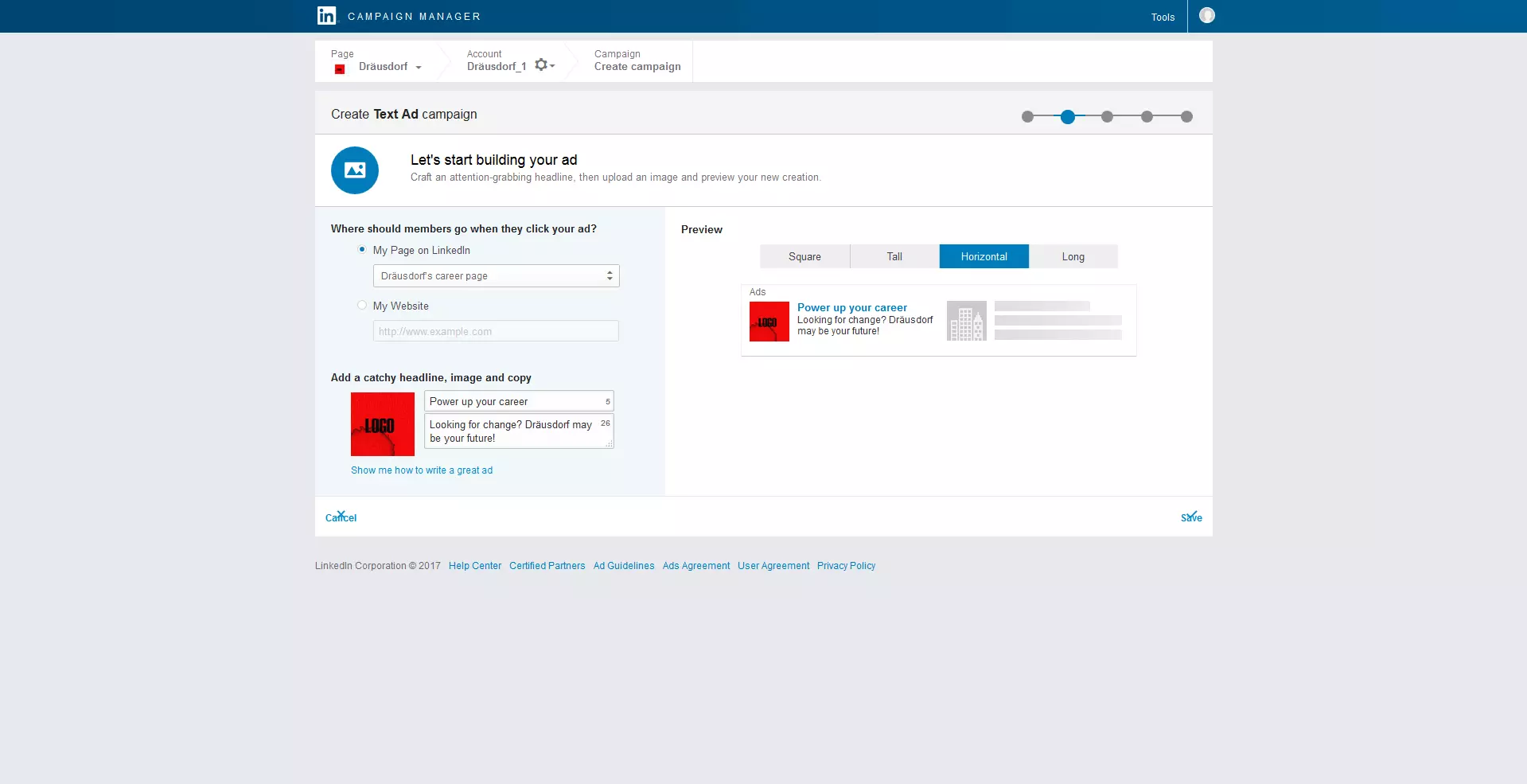 Ventana en LinkedIn para un Text Ad