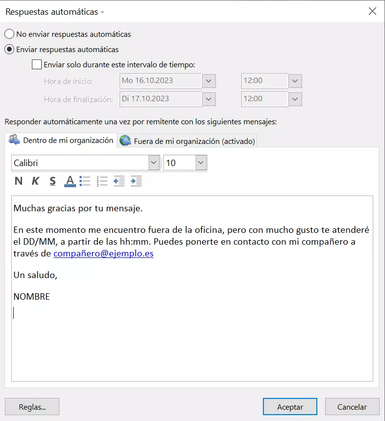 Ventana para escribir una respuesta automática en Outlook