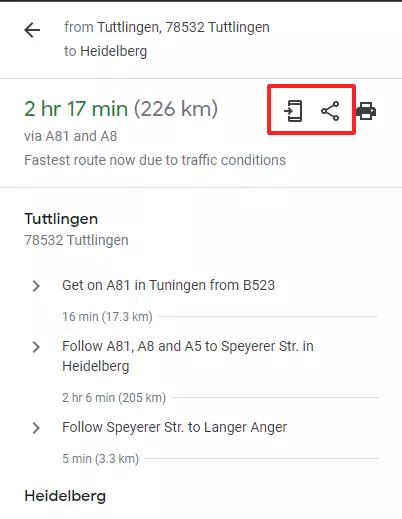 Captura de pantalla de las funciones para compartir de Google Maps