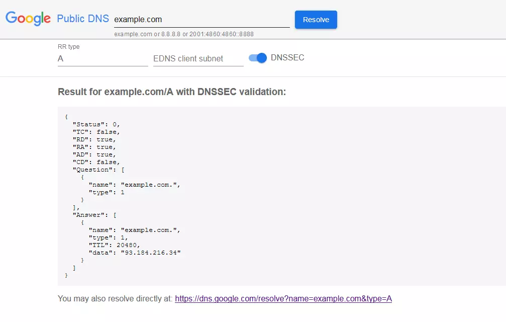 Resultado de una consulta del registro A con el servicio de Google Public DNS