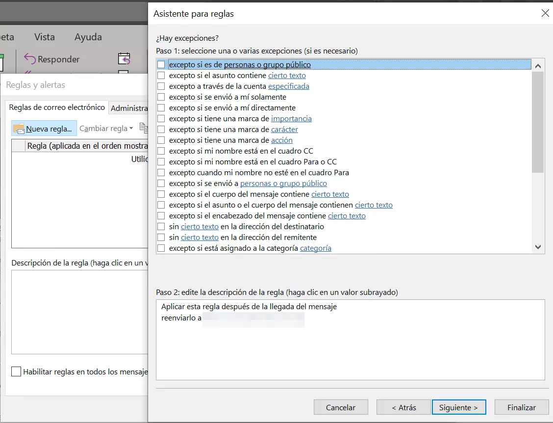 Outlook 365: asistente de reglas – excepciones