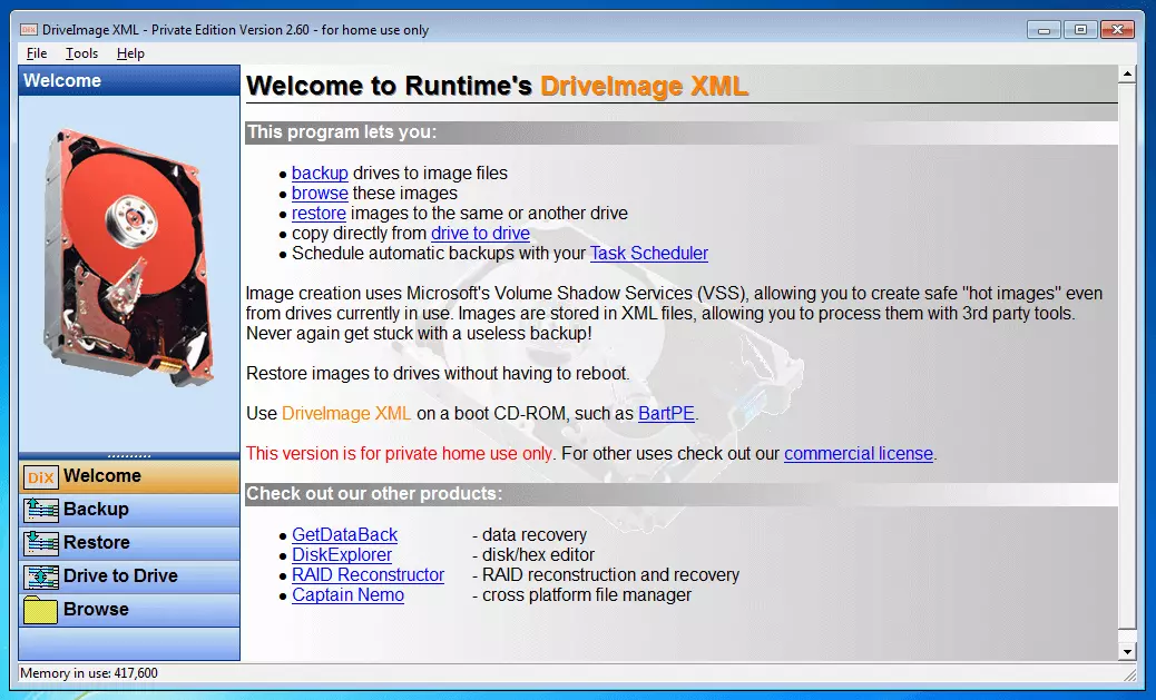 DriveImage XML 2.60: página de inicio