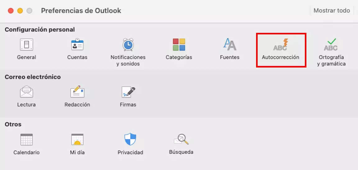 Outlook para Mac: opción de menú “Autocorrección” en las Preferencias