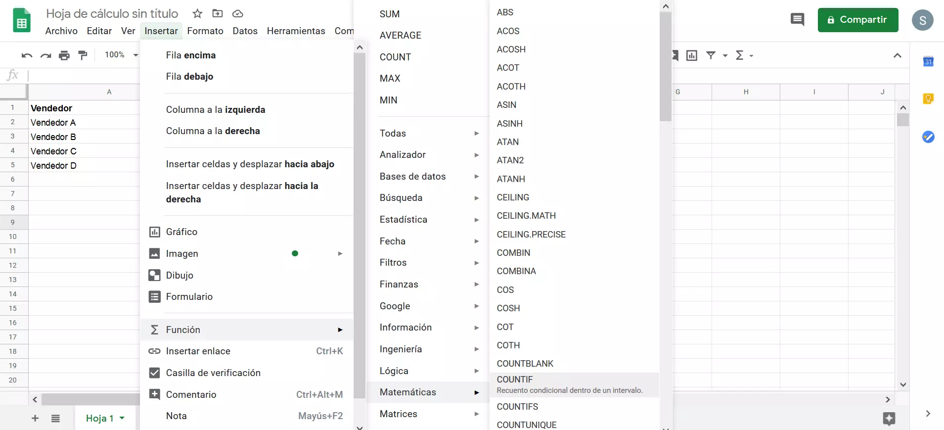 Insertar COUNTIF en Google Sheets desde el menú 