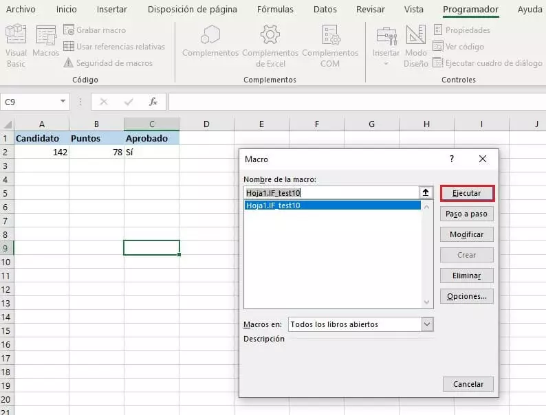 Excel VBA: ejecutar IF_TEST1.