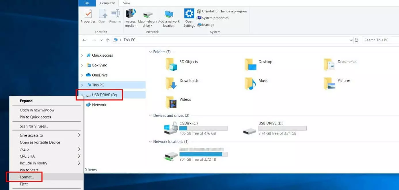 Windows 10: selección del stick USB en el menú lateral del explorador de archivos