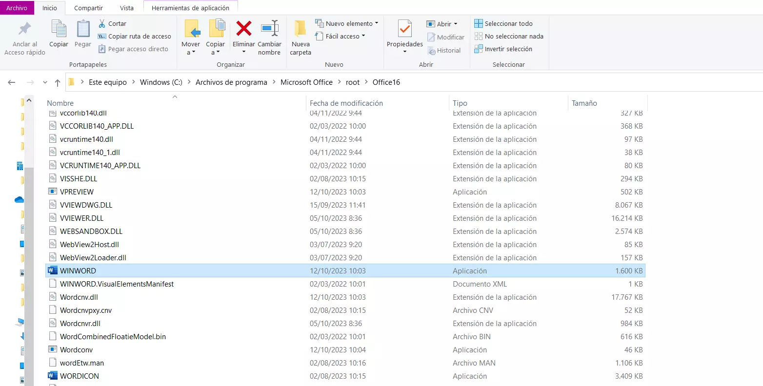 Directorio de Microsoft Office en el Explorador de Windows