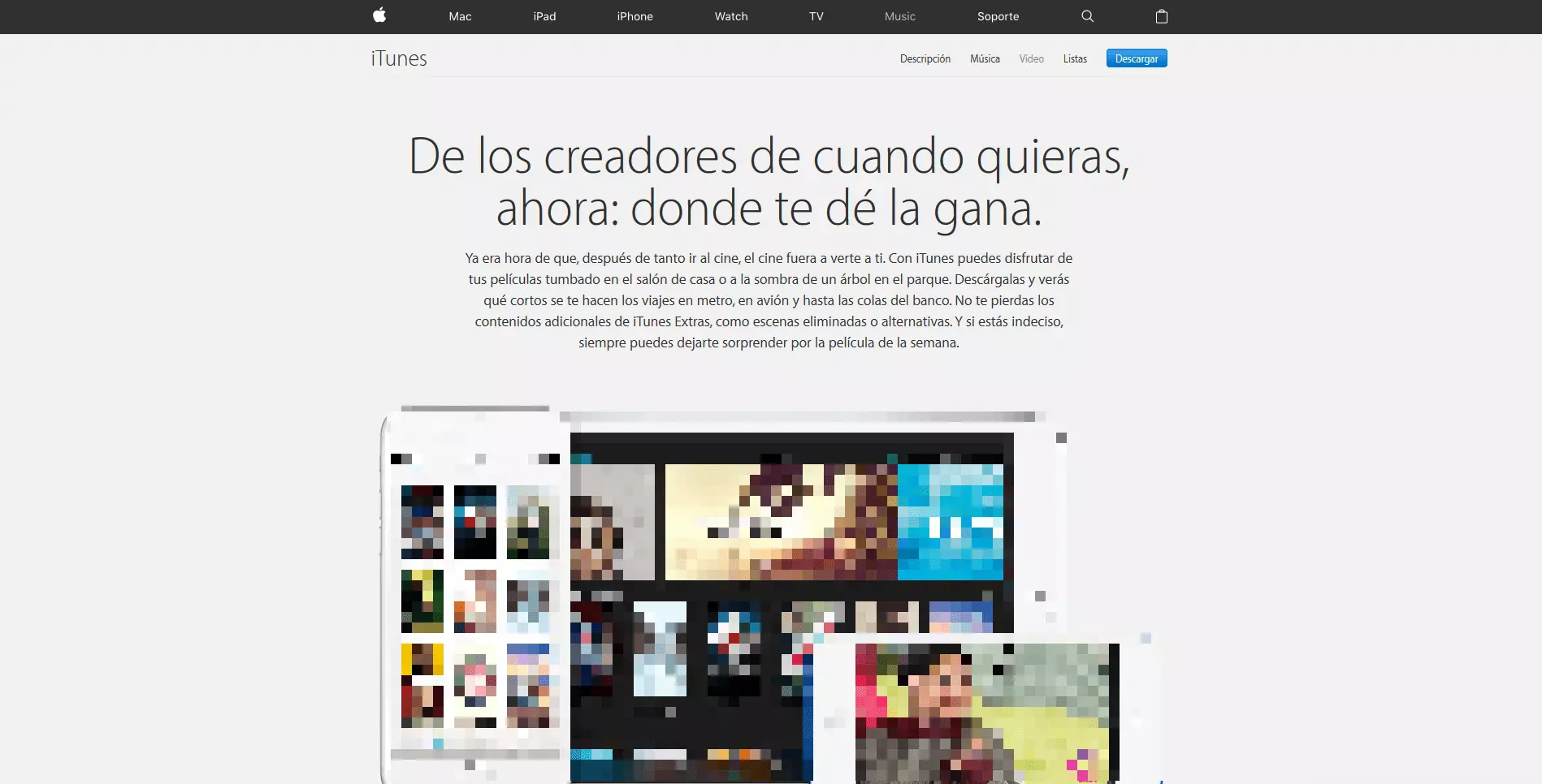 Captura de pantalla de la página de inicio de iTunes Video