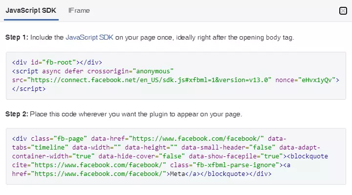 Fragmentos de código de la página de desarrolladores de Facebook para integrar en una página web