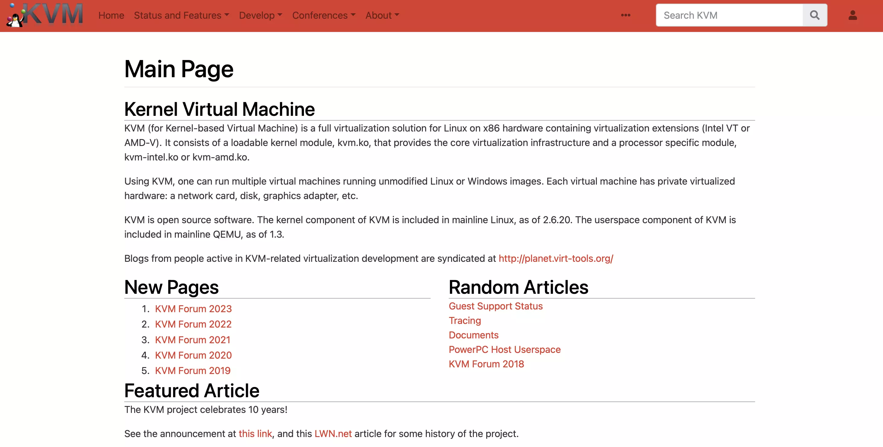 Captura de pantalla de la página web de KVM