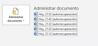 Autorrecuperación en “Archivo > Información > Administrar documento”