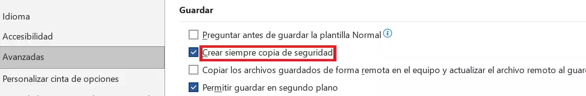 Casilla “Crear siempre copia de seguridad” en las opciones avanzadas de Word