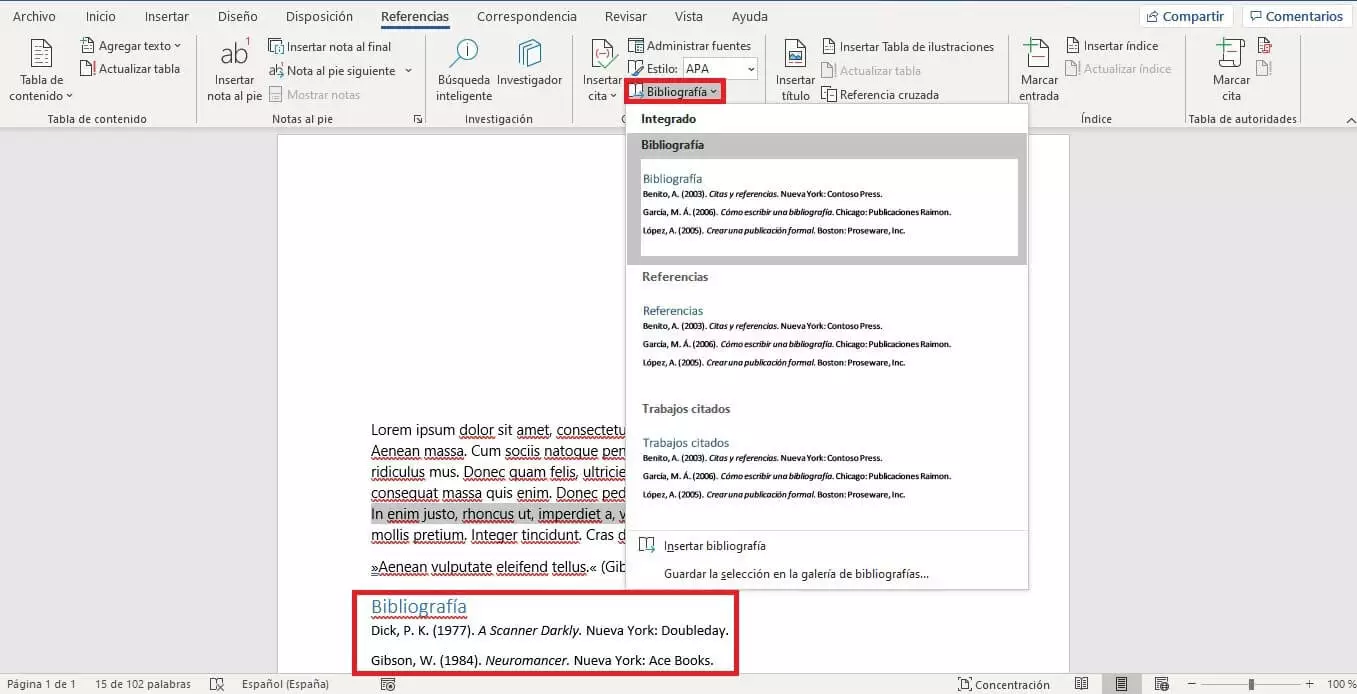 Menú para crear una bibliografía en Word