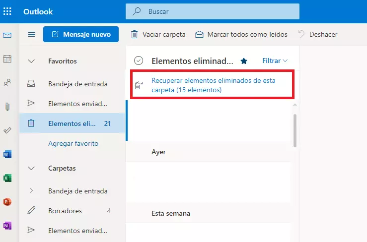 Elementos recuperables en Outlook.com