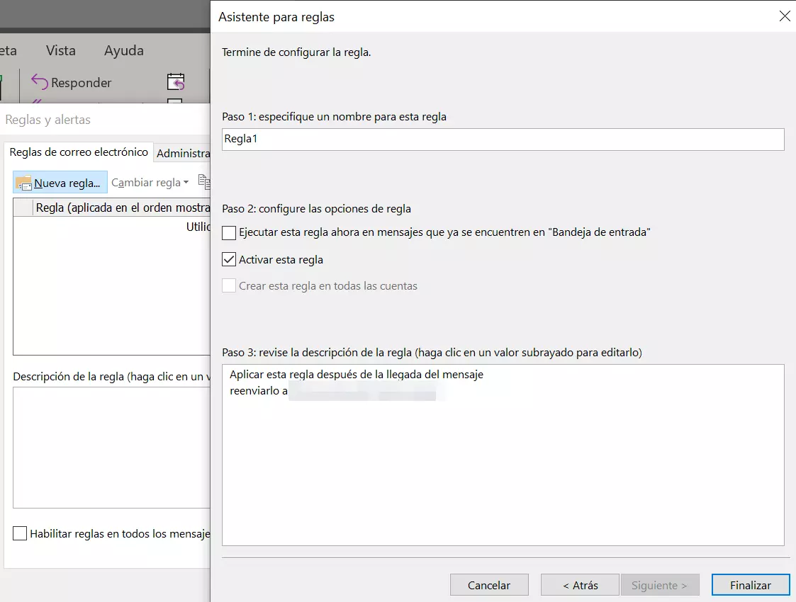 Outlook 365: asistente de reglas – finalizar