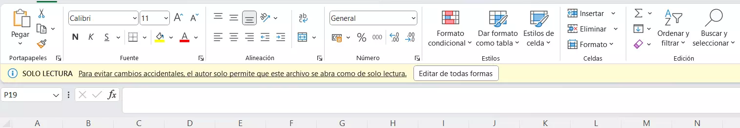 Recomendación de solo lectura, abrir el Excel en modo solo lectura