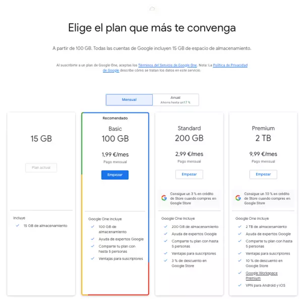 Diferentes planes de suscripción de Google One