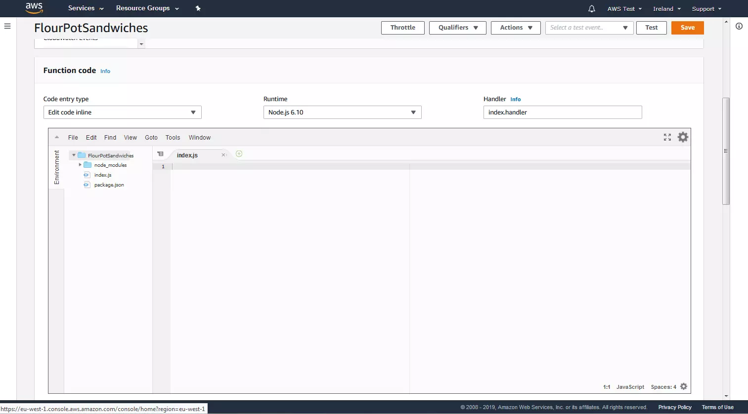 AWS Management Console: resumen de configuración de la función Lambda