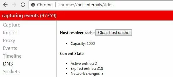 Google Chrome: menu Net Internals