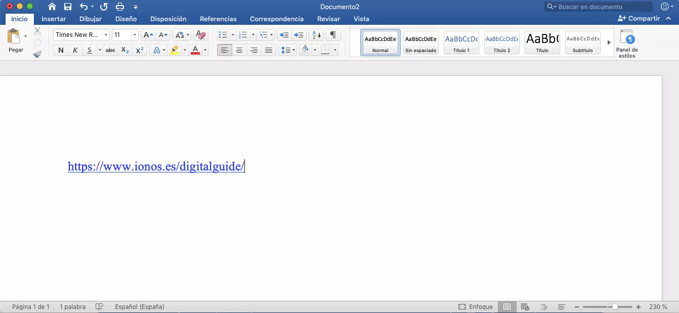 Microsoft Word: hipervínculo en formato estándar