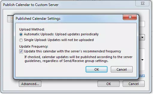 Ventana de diálogo de Outlook: configuración de calendario publicado