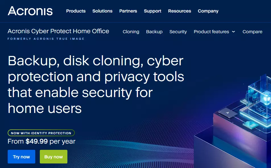 Captura de pantalla de la página principal de Acronis en la que se presenta el software