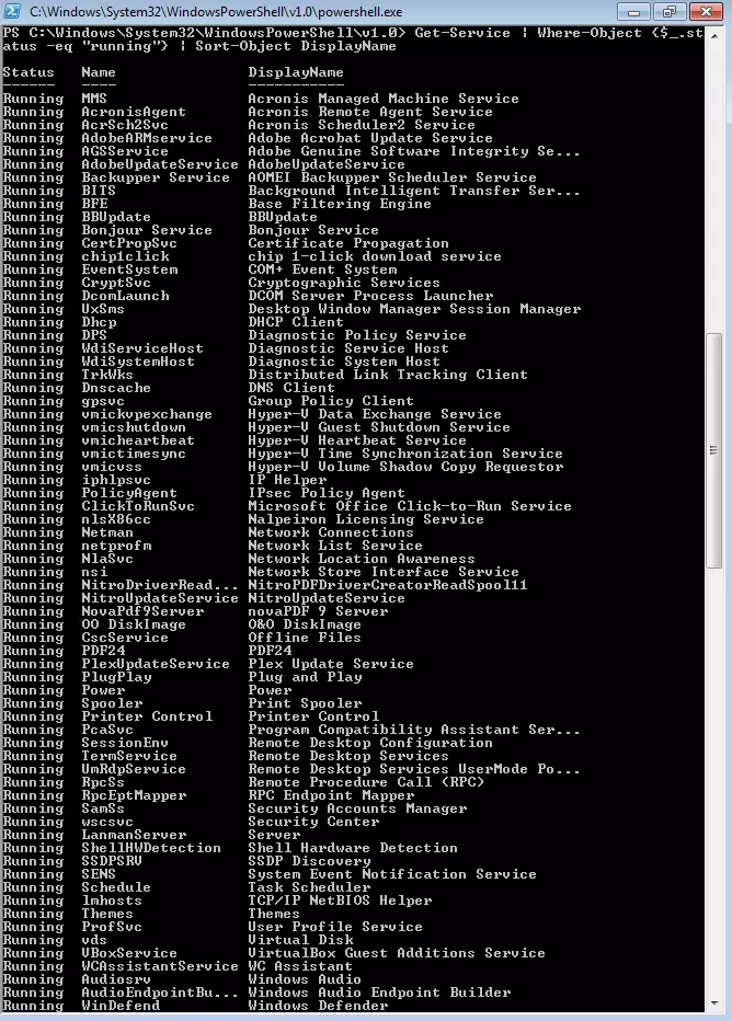 Resultados de Get-Service | Where-Object {$_.status –eq "running"} | Sort-Object DisplayName