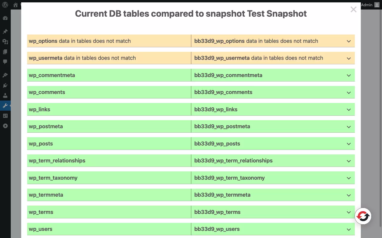 Captura de pantalla de la página del snapshot del plugin WP Reset, con la comparación del snaphot