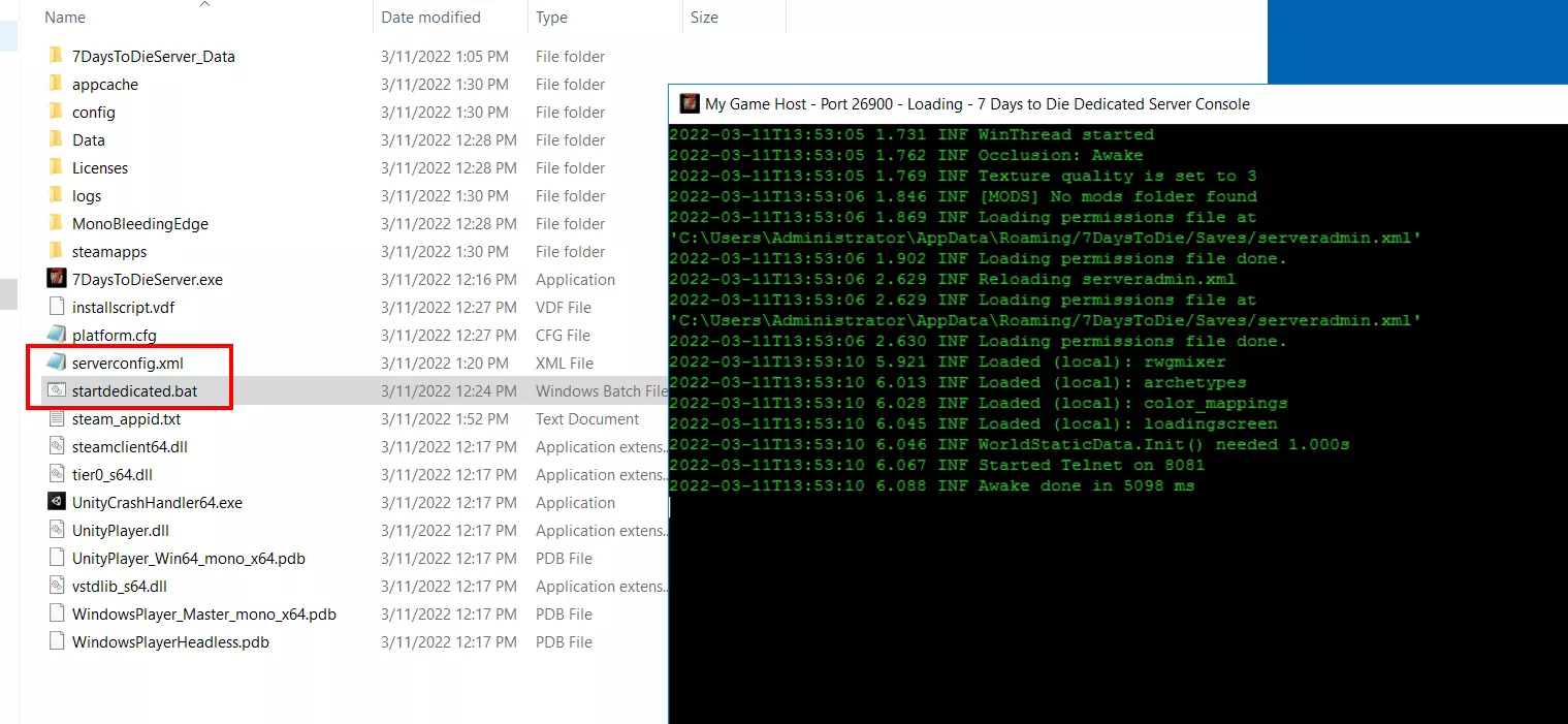 7 days to die: Archivo de configuración, BAT script y consola del servidor