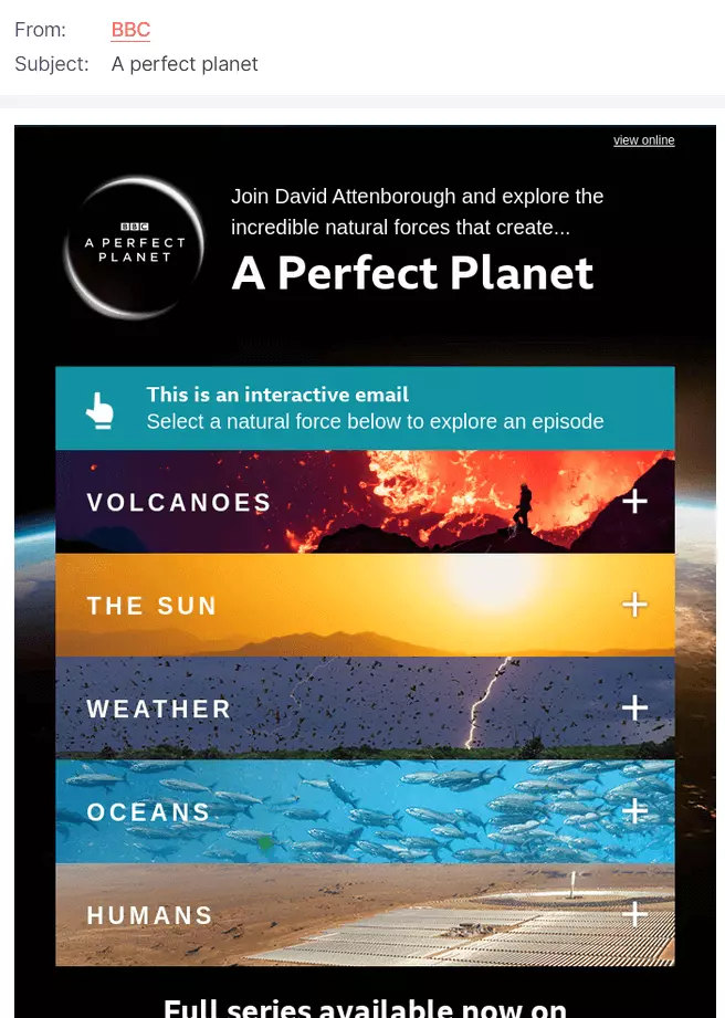 Ejemplo de una newsletter con contenido interactivo de BBC