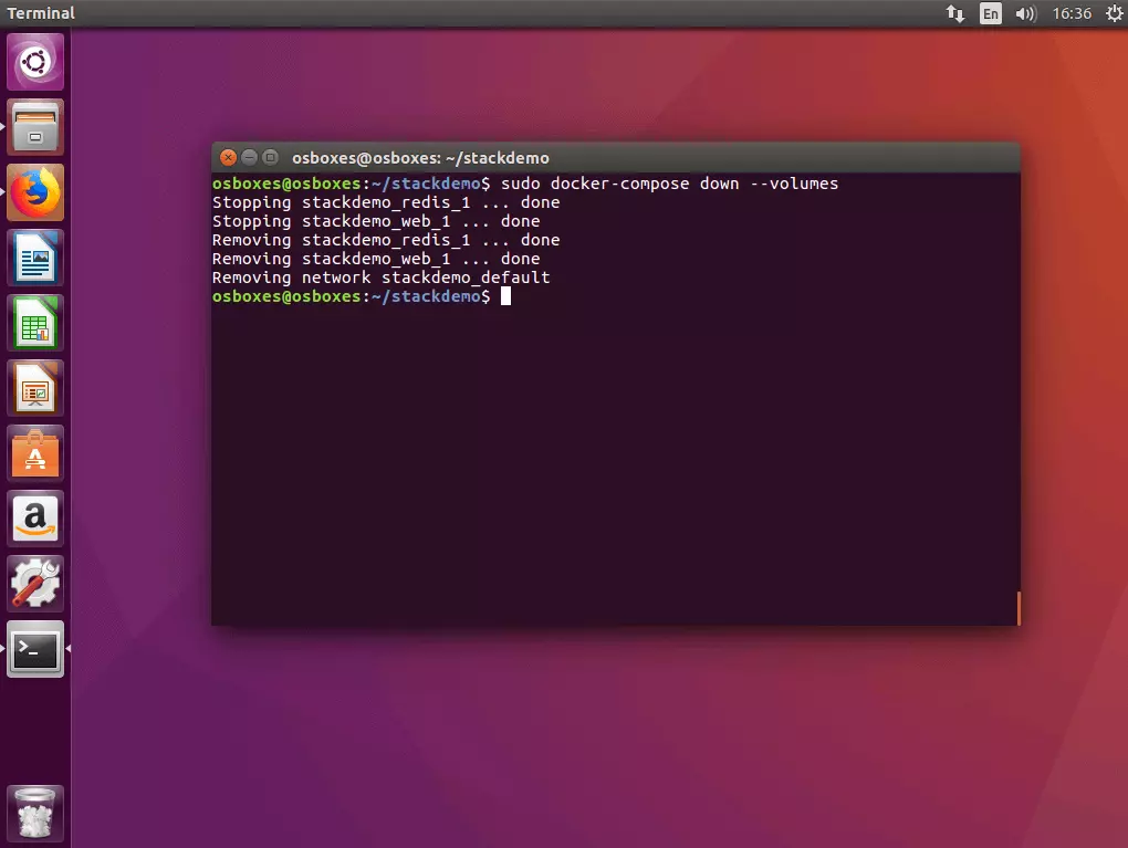 El comando “docker-compose down” en la terminal Ubuntu