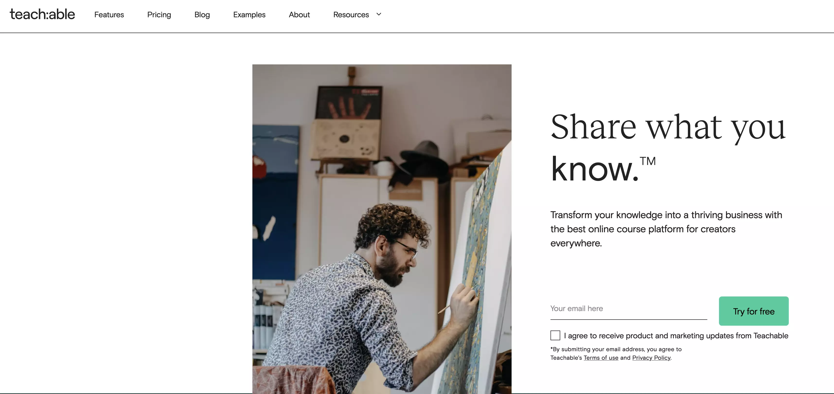 Captura de pantalla de la página de Teachable