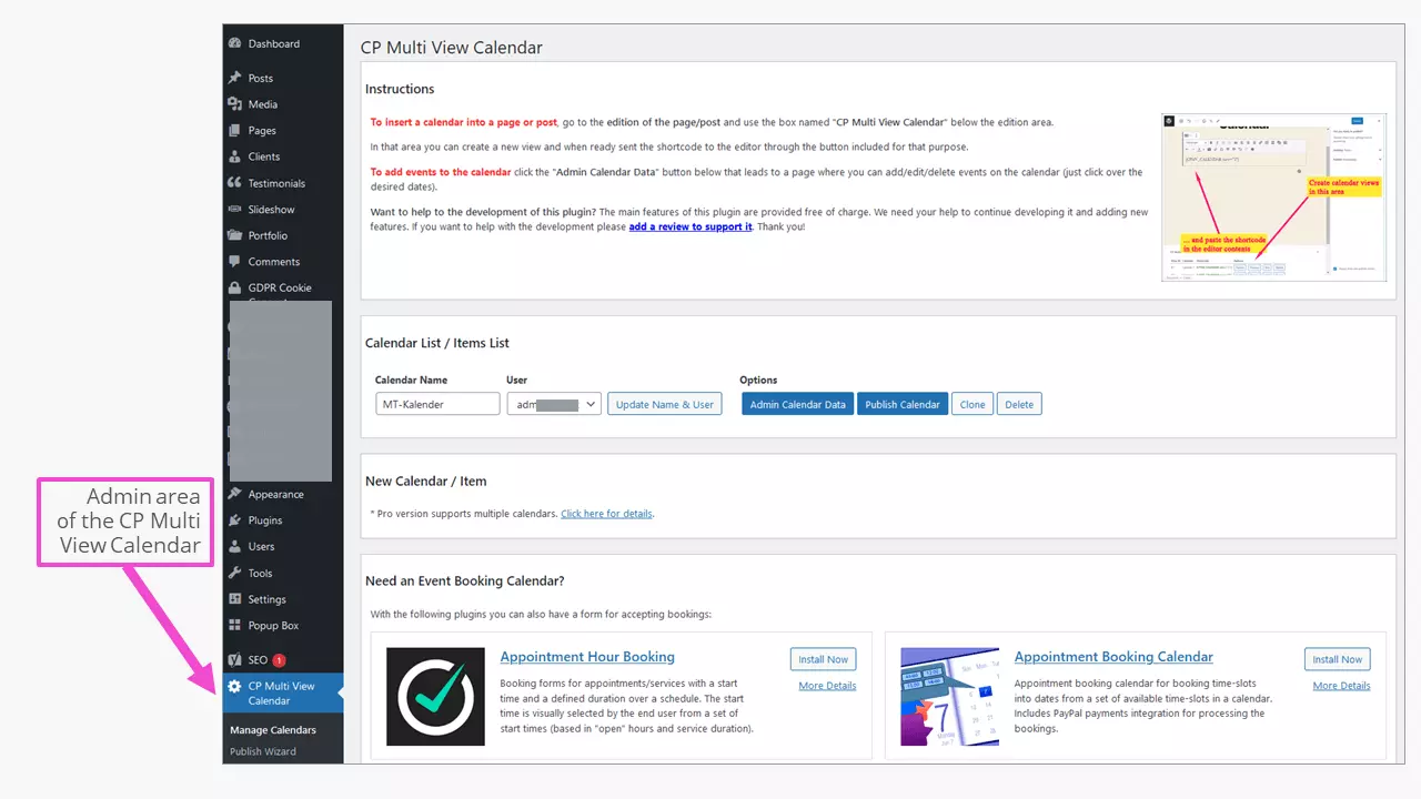 Panel de administración del calendario de WordPress CP Multi View Calendar