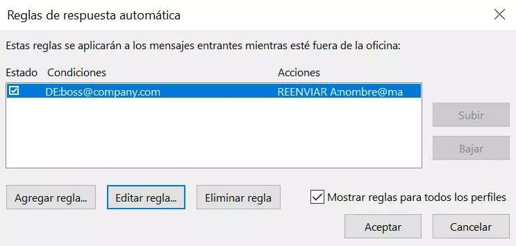 Vista principal de la regla establecida para una respuesta automática en Outlook